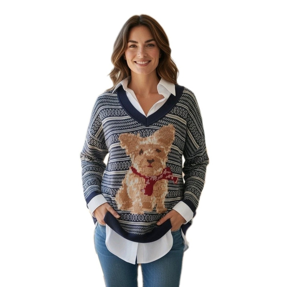 NWT Jones New York Dog  Layered-Look Sweater grandmacore Preppy Retail $100 SZ L